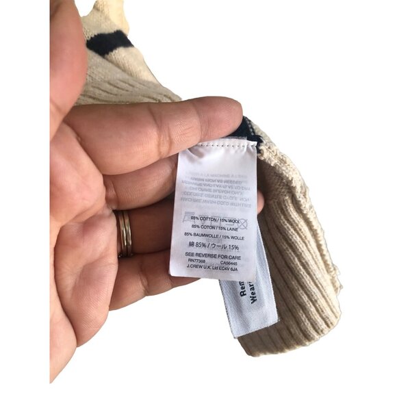 J Crew Mens Beige Navy Stripe Crewneck Long Sleeve Pullover Sweater Wool Blend L - Picture 6 of 6